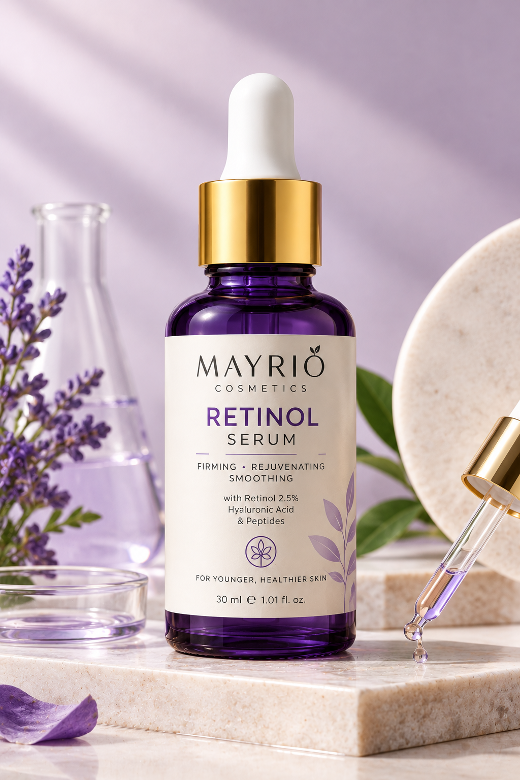 Mayrio Cosmetics Retinol Serum purple dropper bottle with lavender – 30 ml facial serum