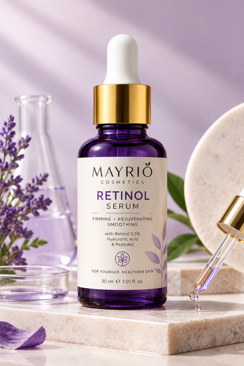 Mayrio Cosmetics Retinol Serum purple dropper bottle with lavender – 30 ml facial serum